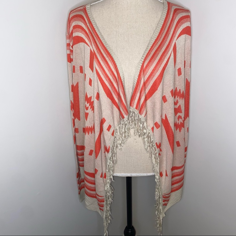 Umgee orange & tan open front fringe Aztec southwestern cardigan sweater Medium